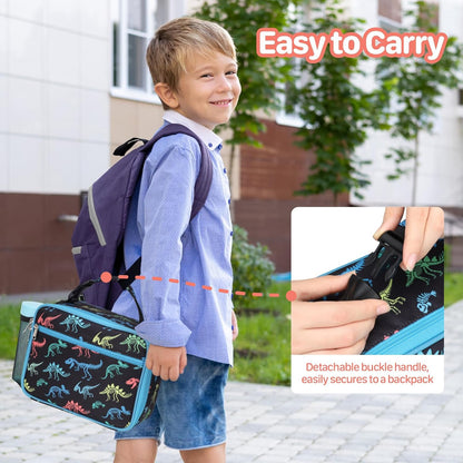Kids Lunch Bag Boys - Insulated Kids Lunch Box Reusable Lunchbox with Water Bottle Holder Toddler Lunch Tote Bag for School Daycare, Black Dino Fossil
