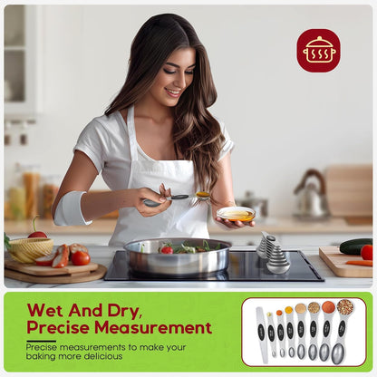 Magnetic Measuring Cups and Spoons Set304 Stainless Steel Dual Scale Set of 15, Strong N52 Magnetic Nesting Design with Leveler, for Dry&Liquid Ingredients, Dishwasher Safe(Colorful)
