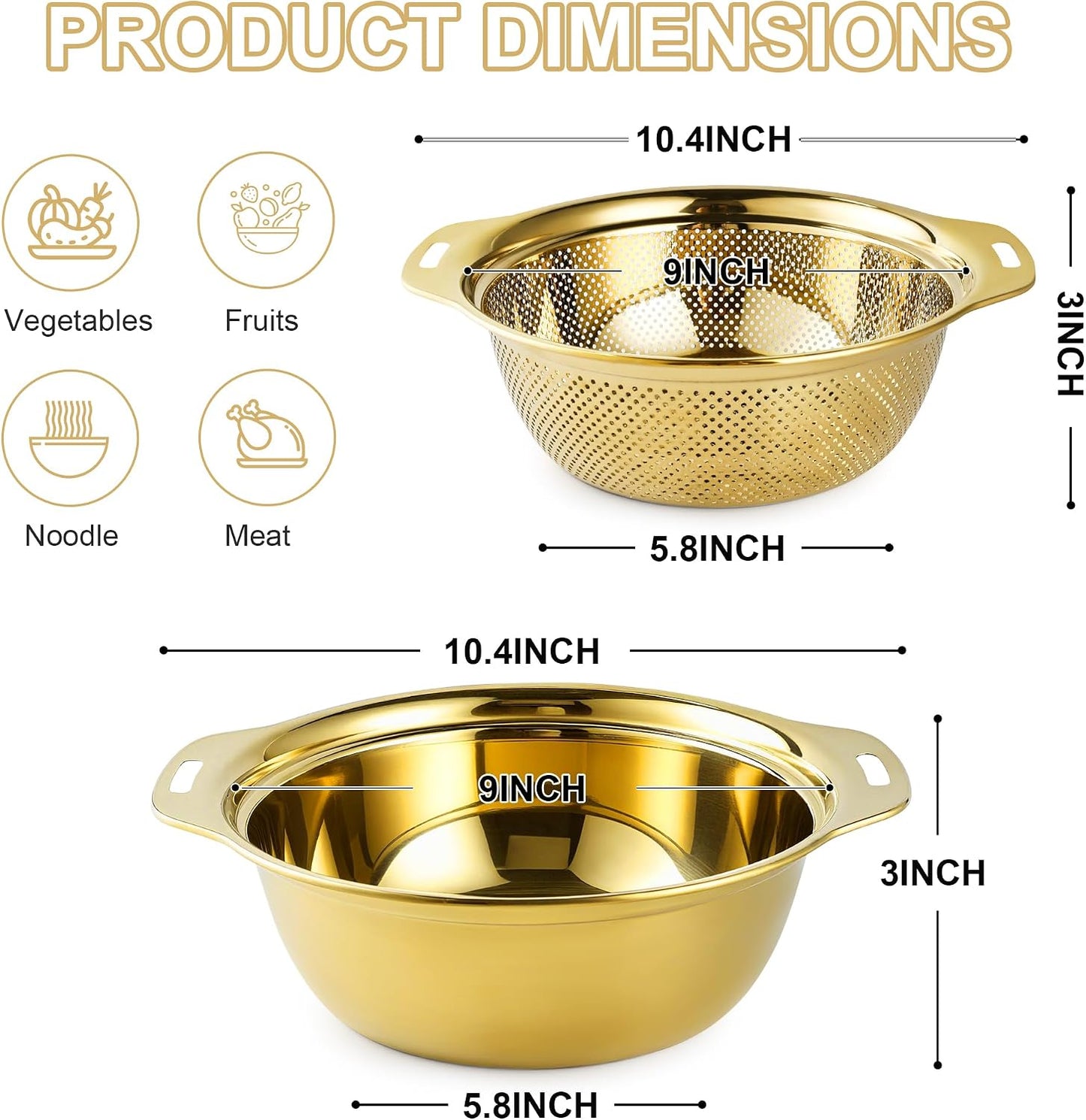 Gulex Colander Stainless Steel 3-quart with Bowls,Strainer for Kitchen(2PC)