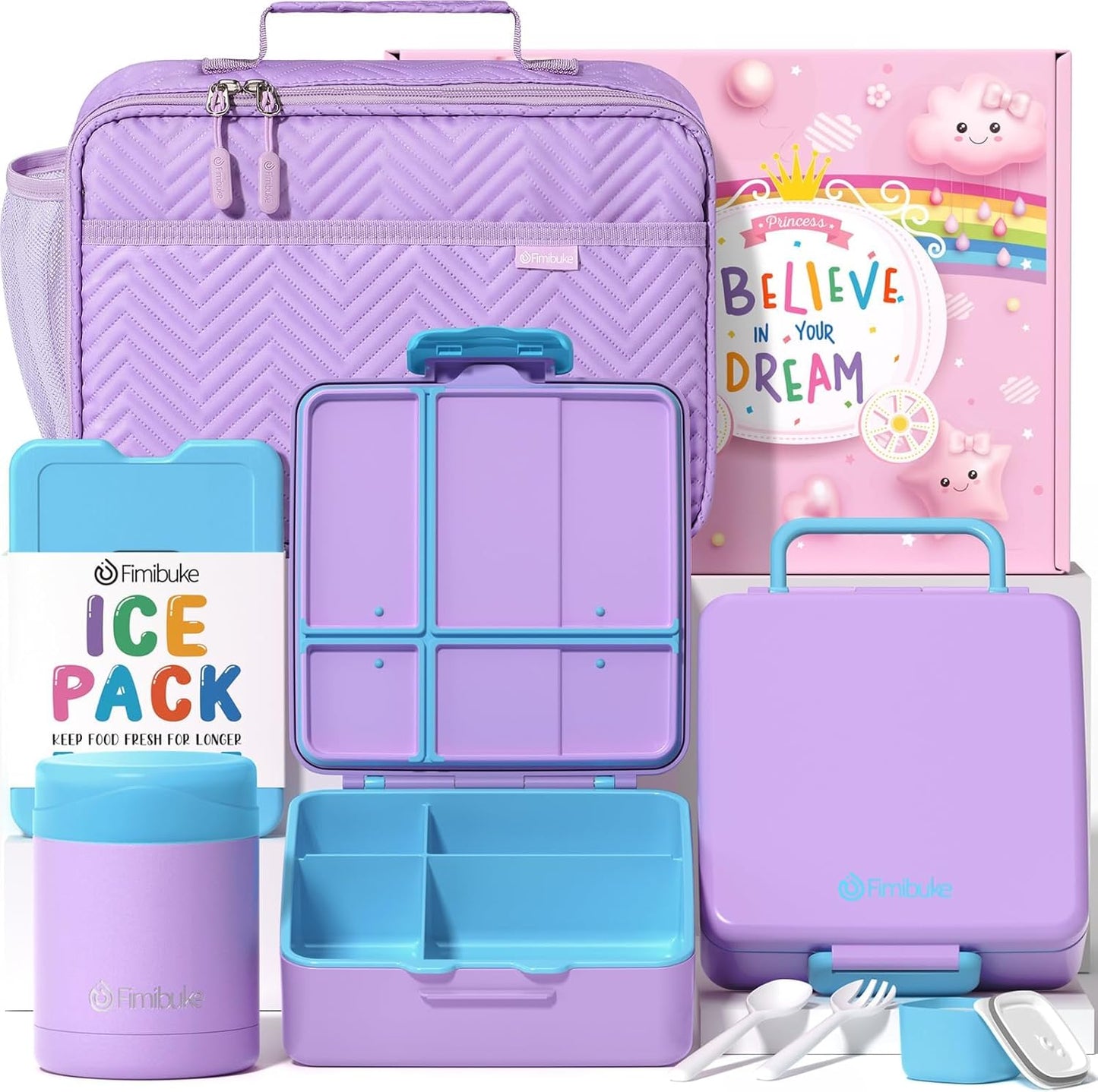 Fimibuke Kids Bento Snack Lunch Box with 4 Compartment, Insulated Lunch Bag, Stainless Steel Vacuum Thermo Food Jar, Ice Pack, Utensils Set, Birthday Gifts for Age 3-12 Back to School Toddler Girl Boy