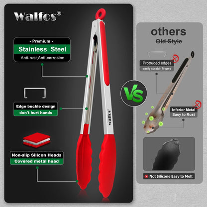 Walfos Kitchen Tongs for Cooking, 600℉ Heat Resistant Stainless Steel Tongs, All Metal Heavy Duty Tongs For Food ,BBQ Grilling - 7 ，9 and 12 Inch ,Set of 3