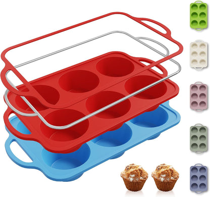 2 Packs 12 Cups Silicone Muffin Pan for Baking with Metal Reinforced Frame Regular Size Cupcake Pan Tray Egg Bites Silicone Cookie Molds Muffin Tin Tart Pans Sheet Set for Oven Dishwasher Safe