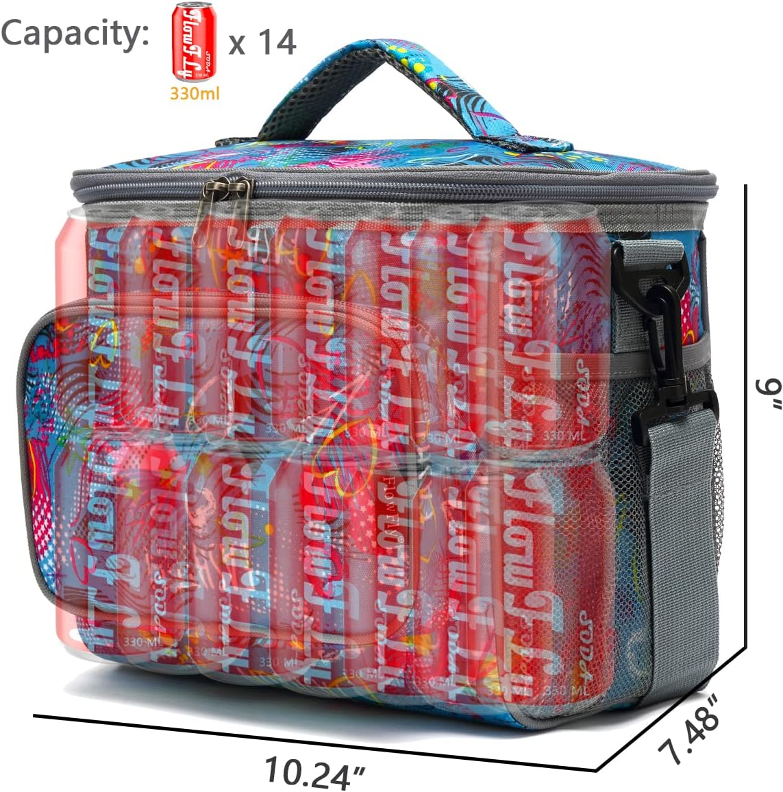 FlowFly Insulated Reusable Lunch Bag Adult Large Lunch Box for Women and Men with Adjustable Shoulder Strap,Front Zipper Pocket and Dual Large Mesh Side Pockets,Cherry - Colors B