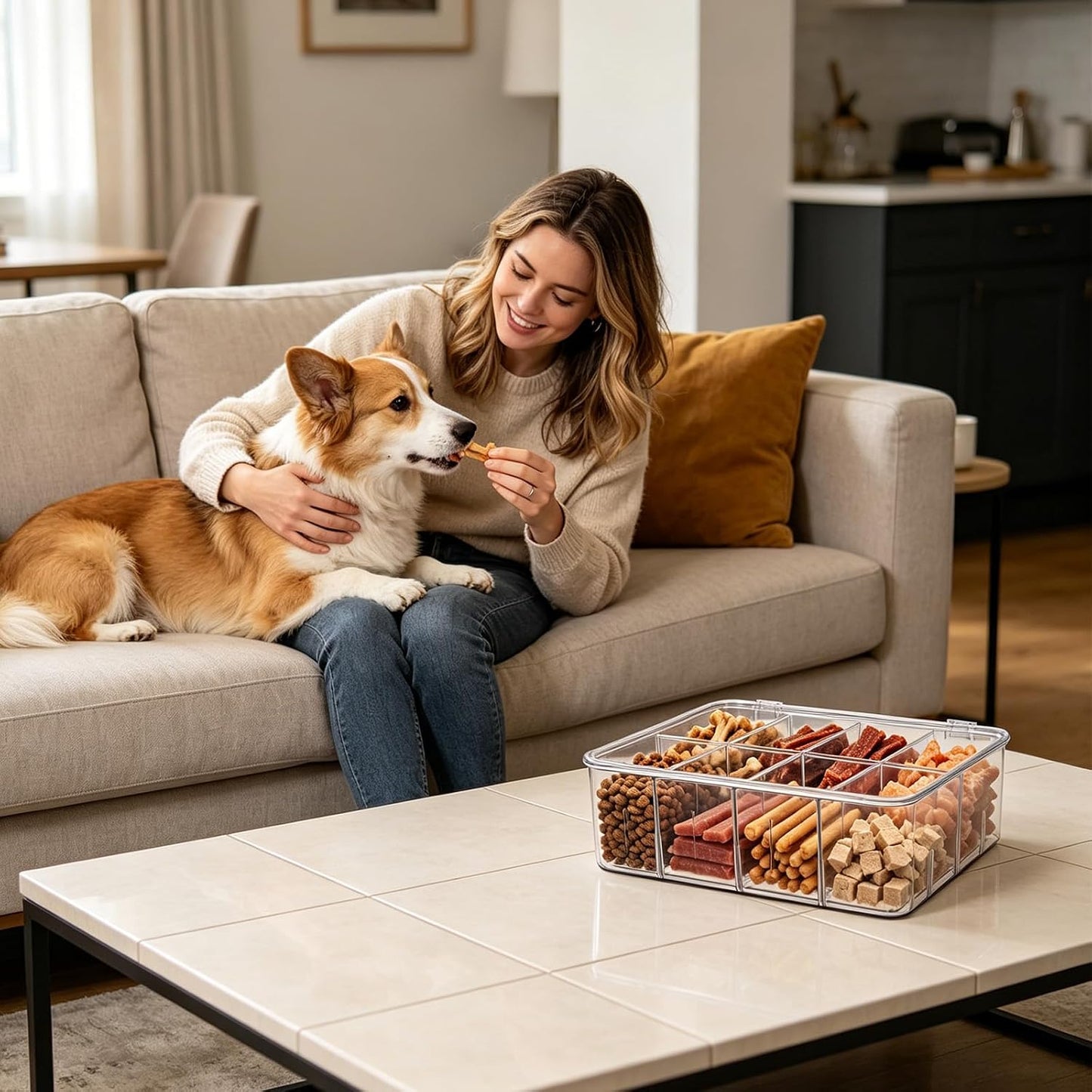 Dog Treat Organizer with Flip Lid, Acrylic Airtight Dog Treat Container, Pet Food Bin with Removable Dividers, Rectangular Dog Cat Treat Bin for Dog Cat Bird and other Pet