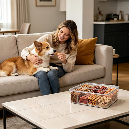 Dog Treat Organizer with Flip Lid, Acrylic Airtight Dog Treat Container, Pet Food Bin with Removable Dividers, Rectangular Dog Cat Treat Bin for Dog Cat Bird and other Pet