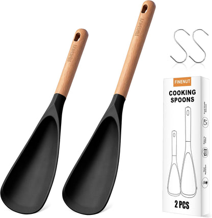 Cooking Spoon Multifunction Spoonula Silicone Spatula Spoon 2-Pack, Dual-Use Heat Resistant 446°F, BPA-Free Non-Toxic Wooden Handle Rice Spoon Set for Non-Stick Cookware & Rice Cookers (Black)