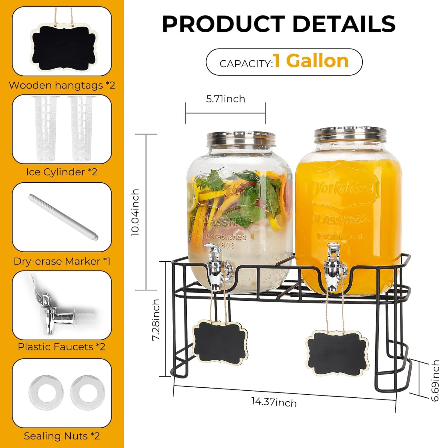 Glass Drink Dispensers For Parties, 2 PACK 1 Gallon Beverage Dispenser With Stand And Spigot Leak proof. Lemonade Dispenser With Ice Cylinder and Chalk board