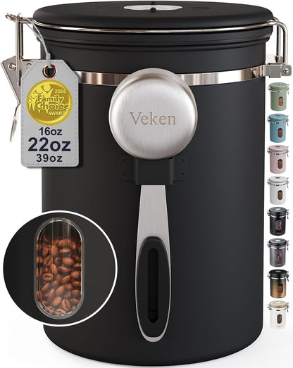 Veken Coffee Canister with Window, Family Choice Awards Winner, Airtight Stainless Steel Home Kitchen Food Storage Container with Lids for Grounds, Beans, Tea, Flour,Cereal,Sugar Jars,Scoop,16OZ,Black