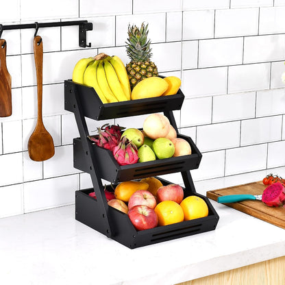 VIKEYHOME Fruit Basket, 2 Tier Bamboo Fruit Basket for Kitchen, 11" Tall Fruit Stand Storage Holder, Heavy Duty/Large Capacity for Vegetables, Fruit, and Snack, 15 mm Thickness (Self-assembly)