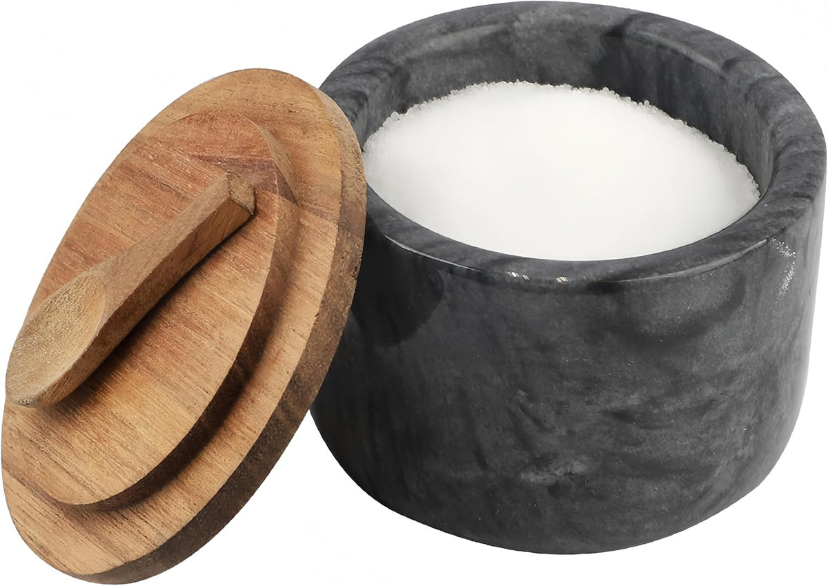 Salt and Pepper Spice Cellar, Marble Container for Coffee, Sugar, Spices and Candies, With Built-in Magnetic Attraction Spoon and Acacia Wood Lid, 6.5 oz (Snowflake White)