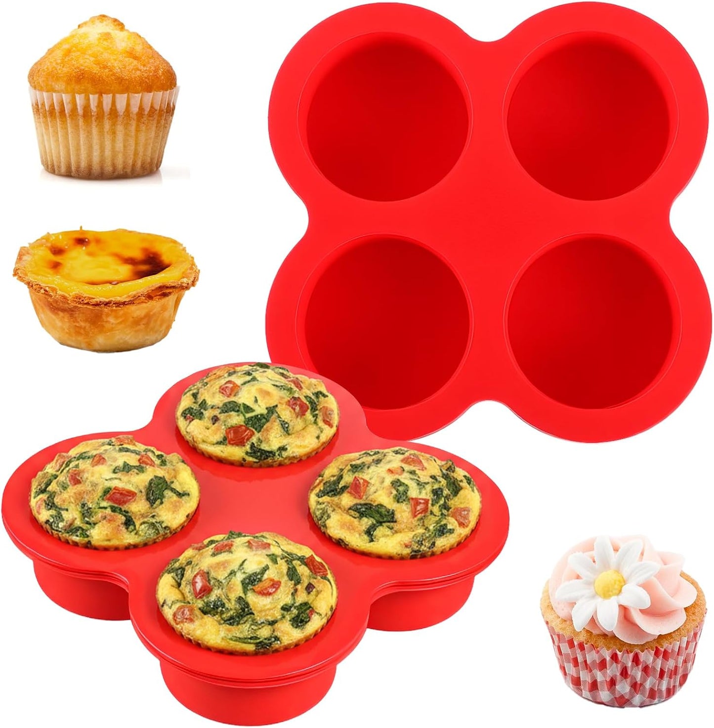 Telooco 2 Pack Silicone Egg Bite Molds, 4-Cups Air Fryer Egg Bite Mold Food Grade Non-Stick Silicone Muffin Pan for Baking Mini Muffins Eggs Bites Tart Mini Cupcake Quiche