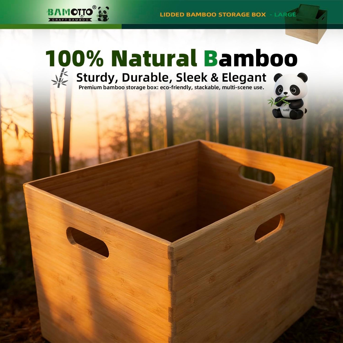 BAMOTTO CRAFTBAMBOO 2-Piece Large Bamboo Storage Box Set - 7.1in High Stackable Deep-Drawer Organizer, Lidless Bin for Kitchen Cutlery Utensils, Home & Office (14.6"x10.2"x7.1"+14.6"x10.2"x3.1")