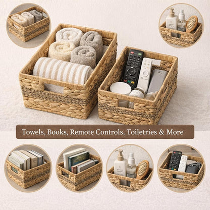 Water Hyacinth Baskets, Wicker Storage Baskets with Built-In Handles, Handwoven Natural Fiber Storage Basket Set of 2 for Shelves, Pantry, Bathroom & Closet Organization