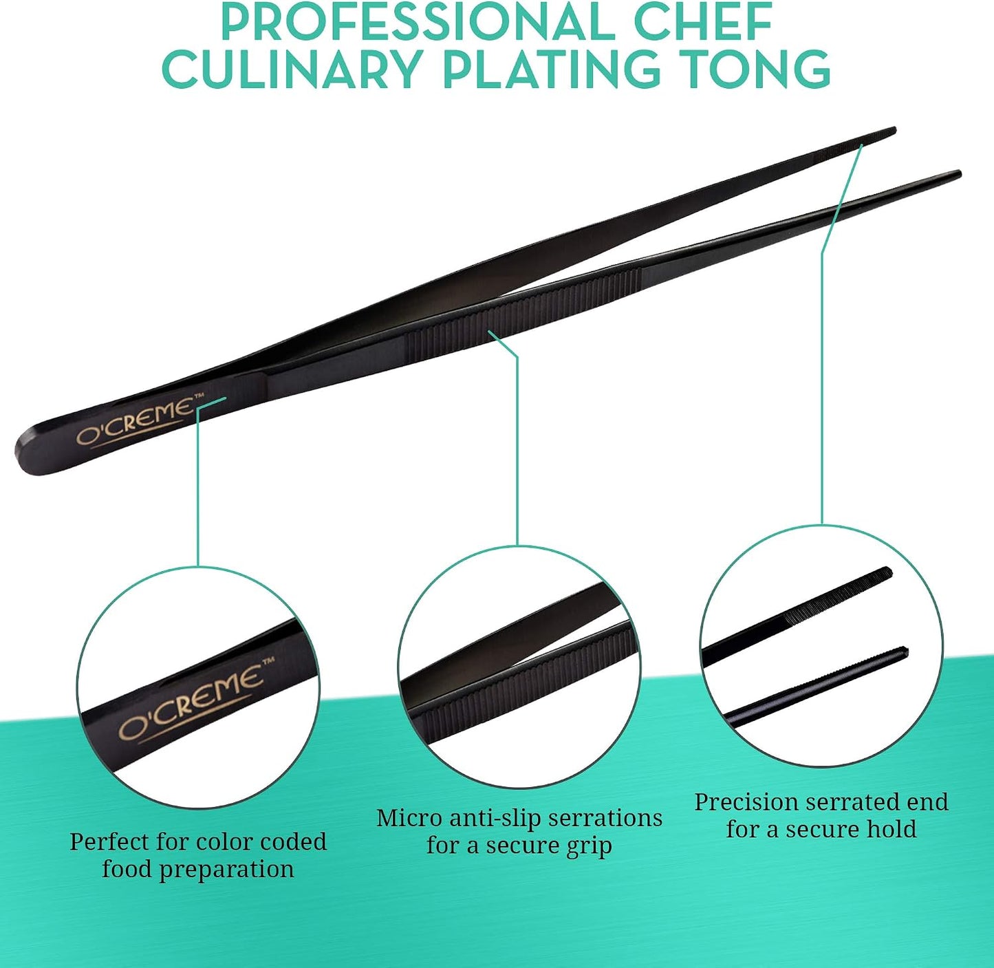 O'Creme 8 Inch Black Stainless Steel Precision Kitchen Culinary Offset Tweezer Tongs