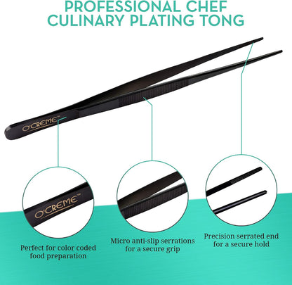 O'Creme Stainless Steel Precision Kitchen Tweezer Tongs with Serrated Tips for Gripping (10" Curved, Silver)