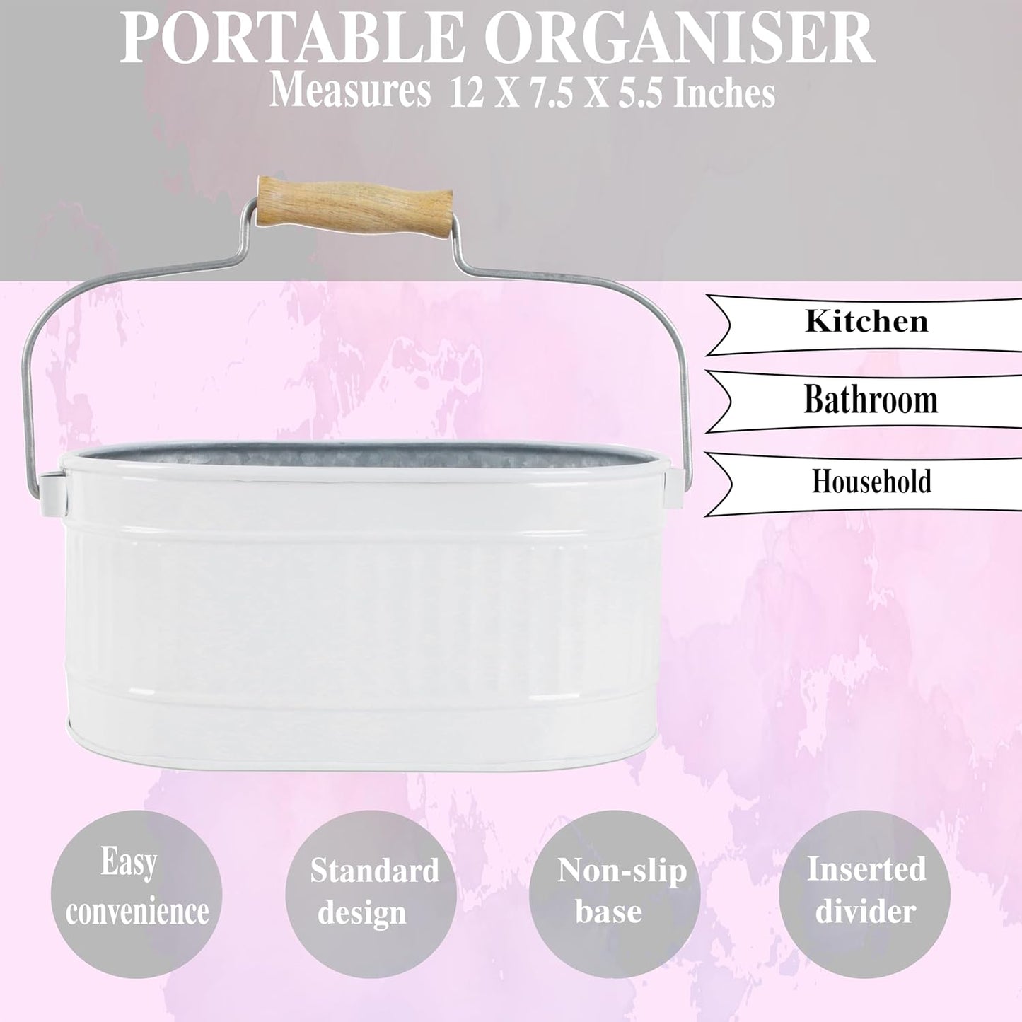 CLEENTABLE Farmhouse Galvanized Metal Utensil Caddy – 4-Compartment Silverware Organizer with Removable Handle for Countertop, Picnic & Party Use (10"x6.5"x5.5", Grey)