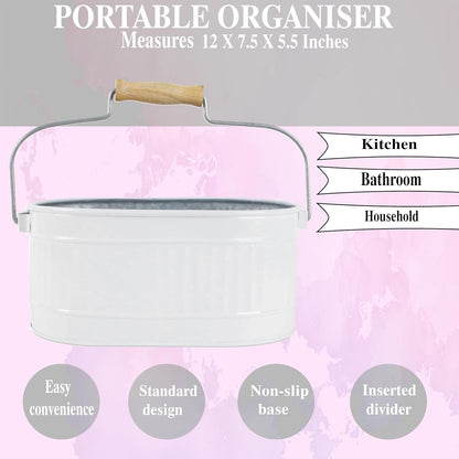 CLEENTABLE Farmhouse Galvanized Metal Utensil Caddy – 4-Compartment Silverware Organizer with Removable Handle for Countertop, Picnic & Party Use (10"x6.5"x5.5", Grey)