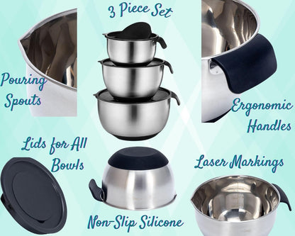 Homeware Stainless Steel Mixing Bowl With Lids Set Handles for Holidays: Gift Set For Kitchen With Pour Spout Non Slip Silicone Base On Bowls Strainer Graters For Kitchen