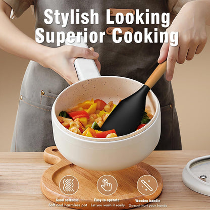 Silicone Cooking Utensils Set - AVGPD Silicone Kitchen Utensils for Cooking Wooden Handles, 446°F Heat Resistant Kitchen Utensil Spatula Sets, Gadgets for Non-Stick Cookware BPA FREE (Black)
