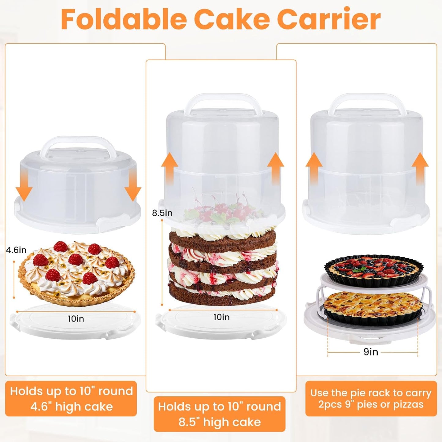 Foldable Cake Carrier, Holds up to 10in Round and 8.5in High Cake, with Lid and Handle