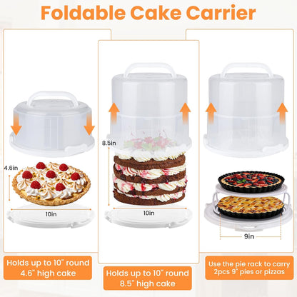 Foldable Cake Carrier, Holds up to 10in Round and 8.5in High Cake, with Lid and Handle