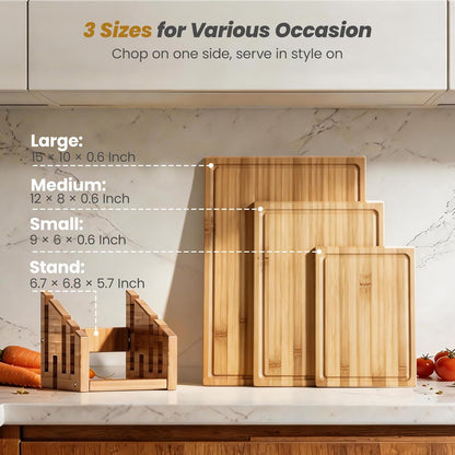 Bamboo Cutting Board Set with Stand, 3PCS Double-Sided Chopping Boards for Kitchen Meal Prep & Serving, Charcuterie, Juice Grooves & Side Handle, Ideal for Meat, Vegetables, Kitchen Essentials, Brown