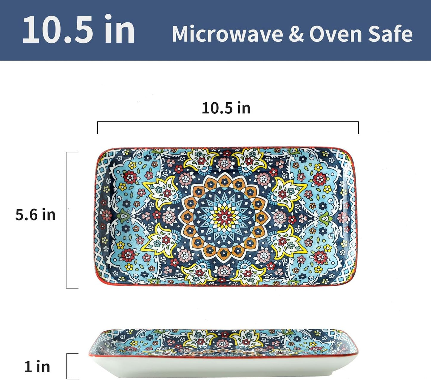 glowworm Porcelain Appetizer Plates Set of 6, 8.5 Inch Salad Plates for Sushi, Dessert, Rectangular Serving Platters, Serving Tray for Party, Kitchen, Microwave & Oven Safe, Bohemian