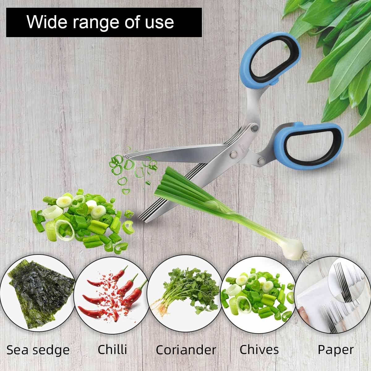 5-Blade Herb Cutter Scissors with Safety Cover, Cleaning Comb - Green
