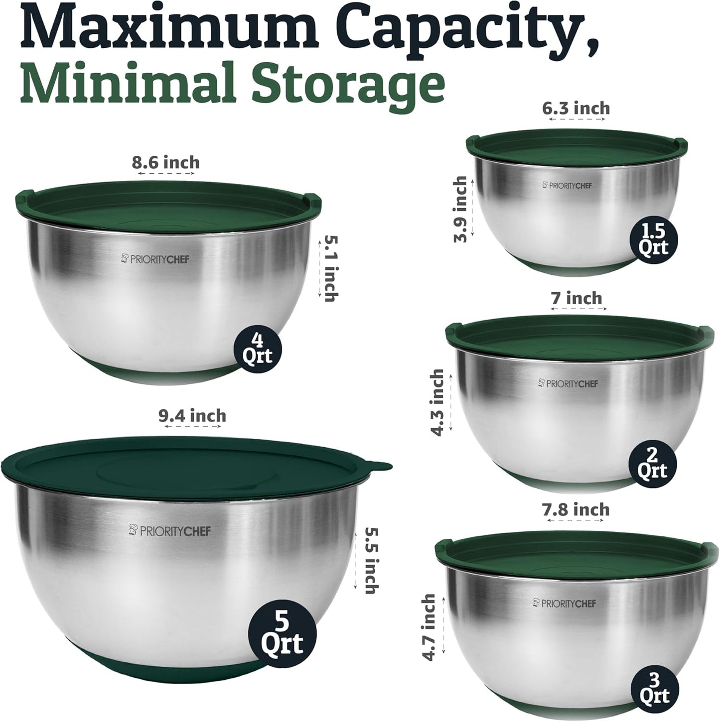 Priority Chef Stainless Steel Mixing Bowls with Lids Set, 3 Grater Attachments, Airtight Lids, Non-Slip Silicone Base Mixing Bowl Set, Large Prep Metal Mixing Bowls for Kitchen, Black