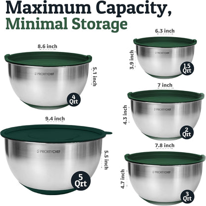 Priority Chef Stainless Steel Mixing Bowls with Lids Set, 3 Grater Attachments, Airtight Lids, Non-Slip Silicone Base Mixing Bowl Set, Large Prep Metal Mixing Bowls for Kitchen, Black