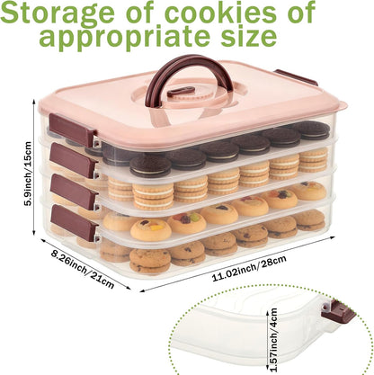 4-Tier Cookie Container with Airtight Lid and Handle Stackable Food Storage Container Dumpling Storage Box Portable Cookie Carrier for Cupcakes Desserts Wonton and Snacks
