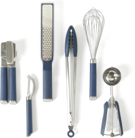 Calphalon Edge 6-Piece Stainless Steel Kitchen Tool & Gadget Set, Kitchen Utensil Set with Silicone Accent, Can opener, Straight peeler, Grater, Tongs, Balloon whisk and Scoop (Taupe)