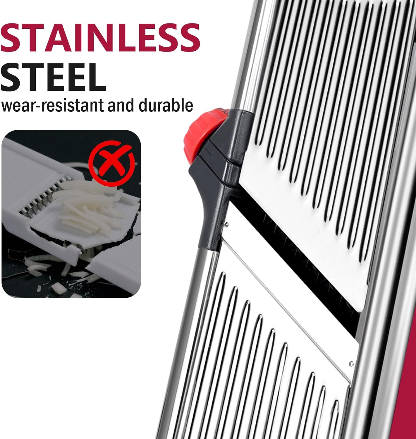 Masthome Adjustable Mandoline Slicer, Thin to 9mm Slice, 4.5mm & 9mm Julienne - Vegetable Cutter for Potato Carrot Onion - Stainless Steel - with Glove & Brush (Red)