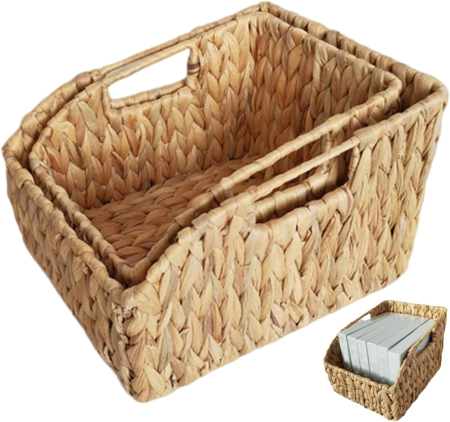 Pantry Basket, 2Pcs Woven Basket, Water Hyacinth Wicker Storage with Build-in Handle Rustic Pantry Baskets Organizer for Kitchen Shelves Organizing