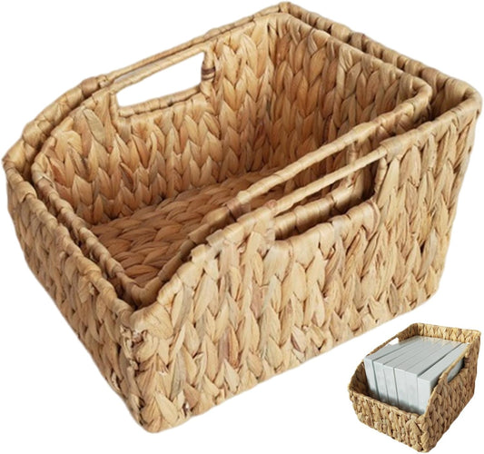 Pantry Basket, 2Pcs Woven Basket, Water Hyacinth Wicker Storage with Build-in Handle Rustic Pantry Baskets Organizer for Kitchen Shelves Organizing