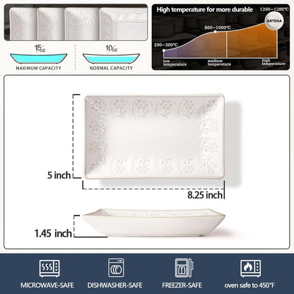 Artena 9.85" Ceramic Rectangle Plates Set of 4 - Deep Lipped Edges, Appetizer Salad Sushi Pasta Dessert Plates, Microwave/Oven Safe, Cute Kitchen Dinner Restaurant Serving Dishes (Wheat Leaf)