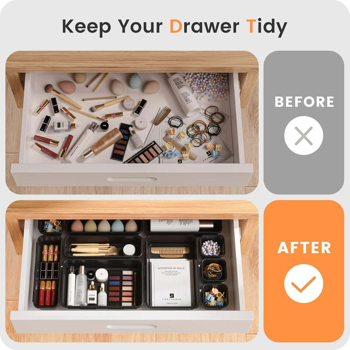 A-LuGei 【Military Grade】 Drawer Organizer,【𝟱𝗦𝗶𝘇𝗲】 Makeup organizer,【Holds 177 Items】 Bathroom Organizers and Storage,Organization and Storage,Desk Drawer Organizer for Vanity【Clear】