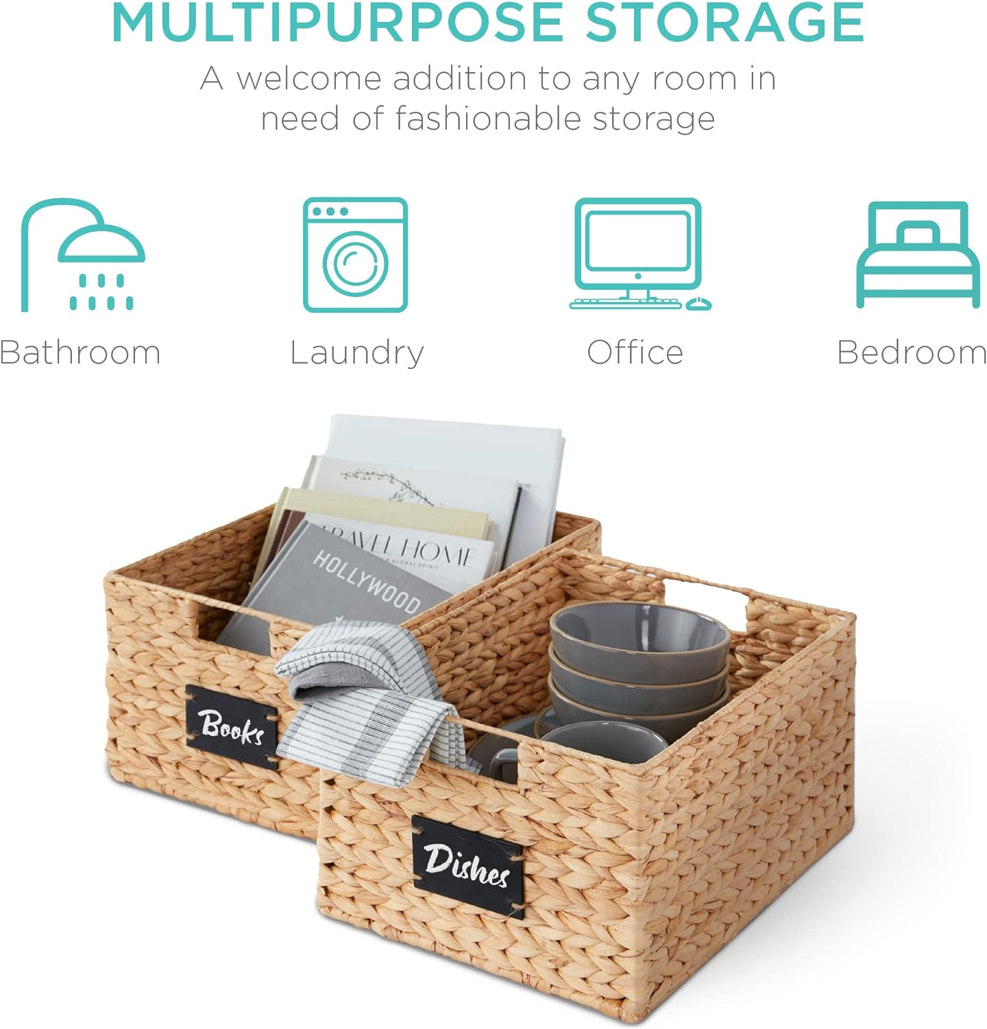 Best Choice Products Set of 4 9x12in Water Hyacinth Pantry Baskets, Woven Organizers w/Chalkboard Label, Chalk Marker - Natural