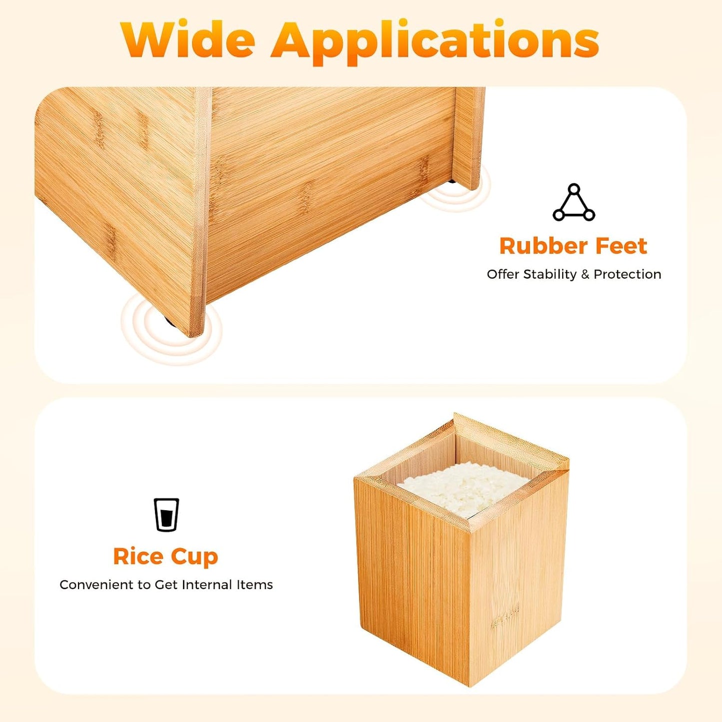 22 lbs Bamboo Rice Storage Container with Sliding Lid & Measuring Cup, Airtight Dry Food Organizer for Kitchen Countertop - Large Capacity Grain Bin for Flour, Nuts, Beans, Pet Food - Natural Wood