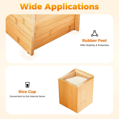 22 lbs Bamboo Rice Storage Container with Sliding Lid & Measuring Cup, Airtight Dry Food Organizer for Kitchen Countertop - Large Capacity Grain Bin for Flour, Nuts, Beans, Pet Food - Natural Wood