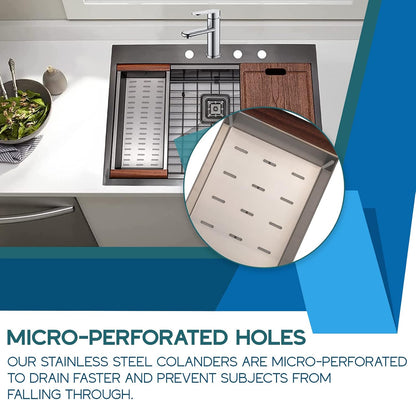 Strictly Sinks Black Stainless Steel Colander - Premium Quality Over the Sink Colander with Non-Slip Handles, Sink Colander for Kitchen Sink to Rinse Fruits & Vegetables(17-3/8" x 8-1/8" x 4-3/4")