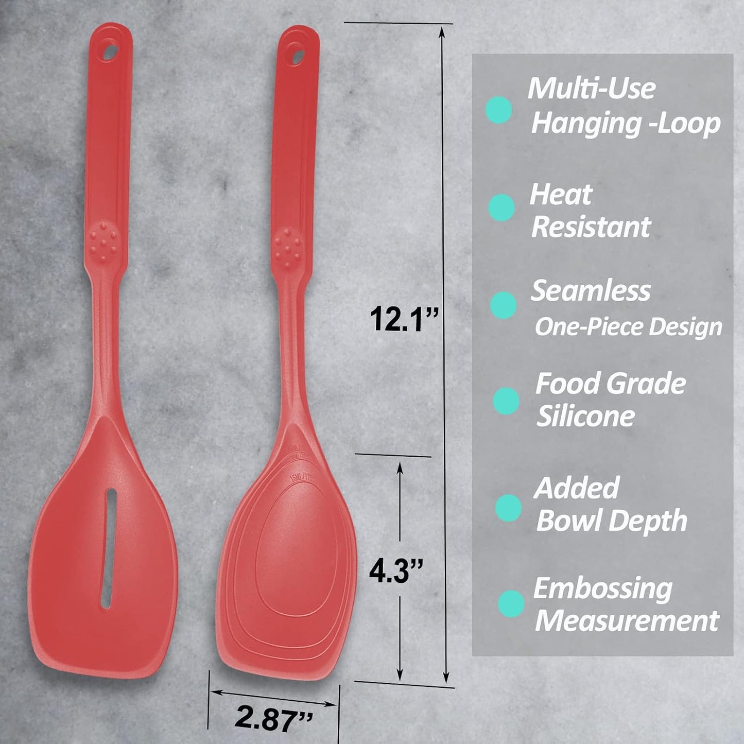 Large Silicone Cooking Spoon, Non-Stick Solid Spoon set with Deep Bolw and Measurement Mark for Mixing, Serving, Draining, Scooping, Scraping, Heat Resistant Kitchen Utensils, Black