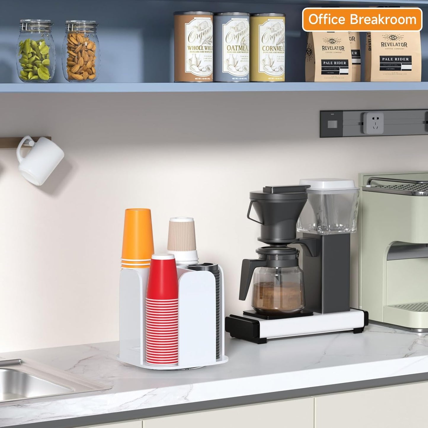 Beego Rotatable 4-Compartment Acrylic Cup Dispenser - Coffee Station Cup and Lid Carousel Countertop Plastic Cup Holder for Restaurant Breakroom Coffee Bar