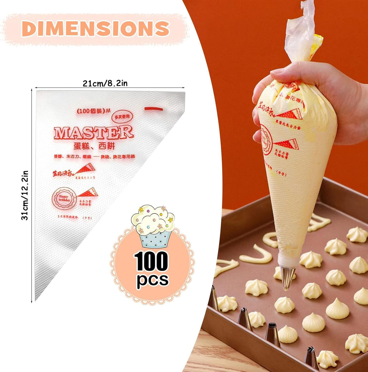 SelfTek 100Pcs Disposable Icing Piping Pastry Bags, Frosting Bag Cake Cupcake Cookies Decorating Bags for Icing and Frosting