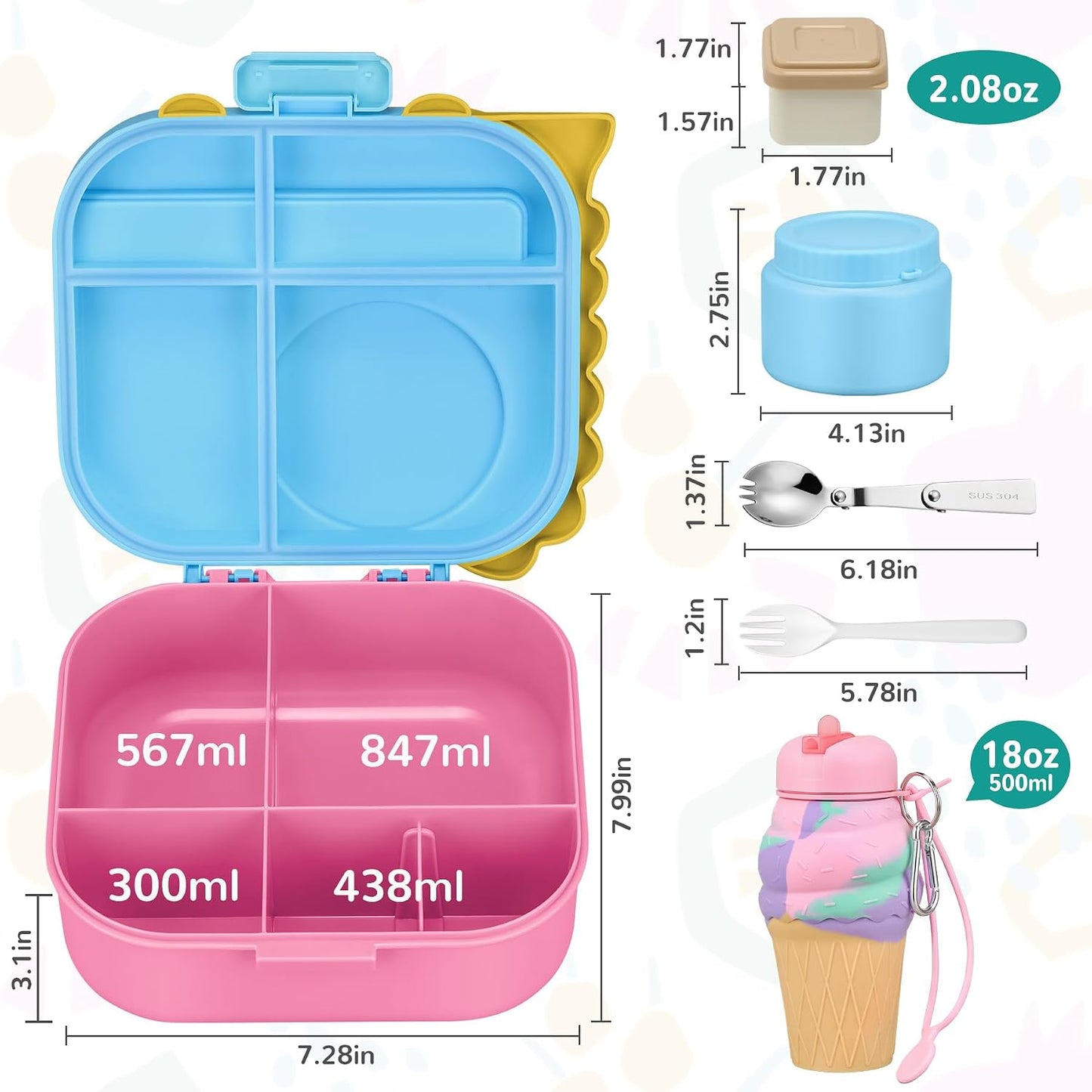 Lunch Box Kids, Leak Proof 5 Compartment Bento Box for Kids, 13oz Thermo for Hot Food Kids Lunch Box,Hot Lunch Box for School Travel