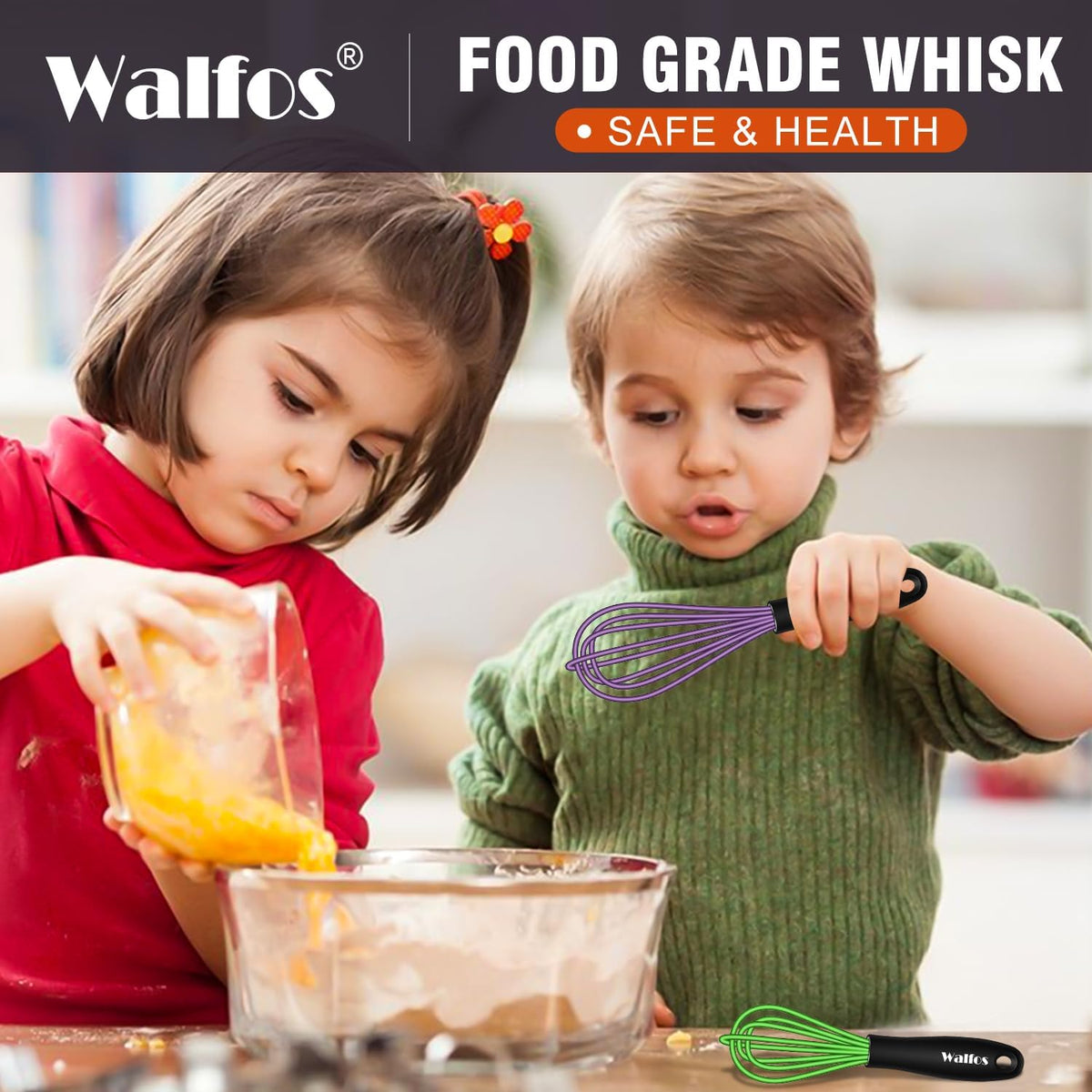 Walfos Silicone whisk,Whisks for Cooking Non Scratch, BPA Free whisk set of 4, 7+9+11in Balloon Whisks & 11in Flat Whisk, Heat Resistant(480°F).Great for Cooking in Pans, Baking, Whisking.Blue