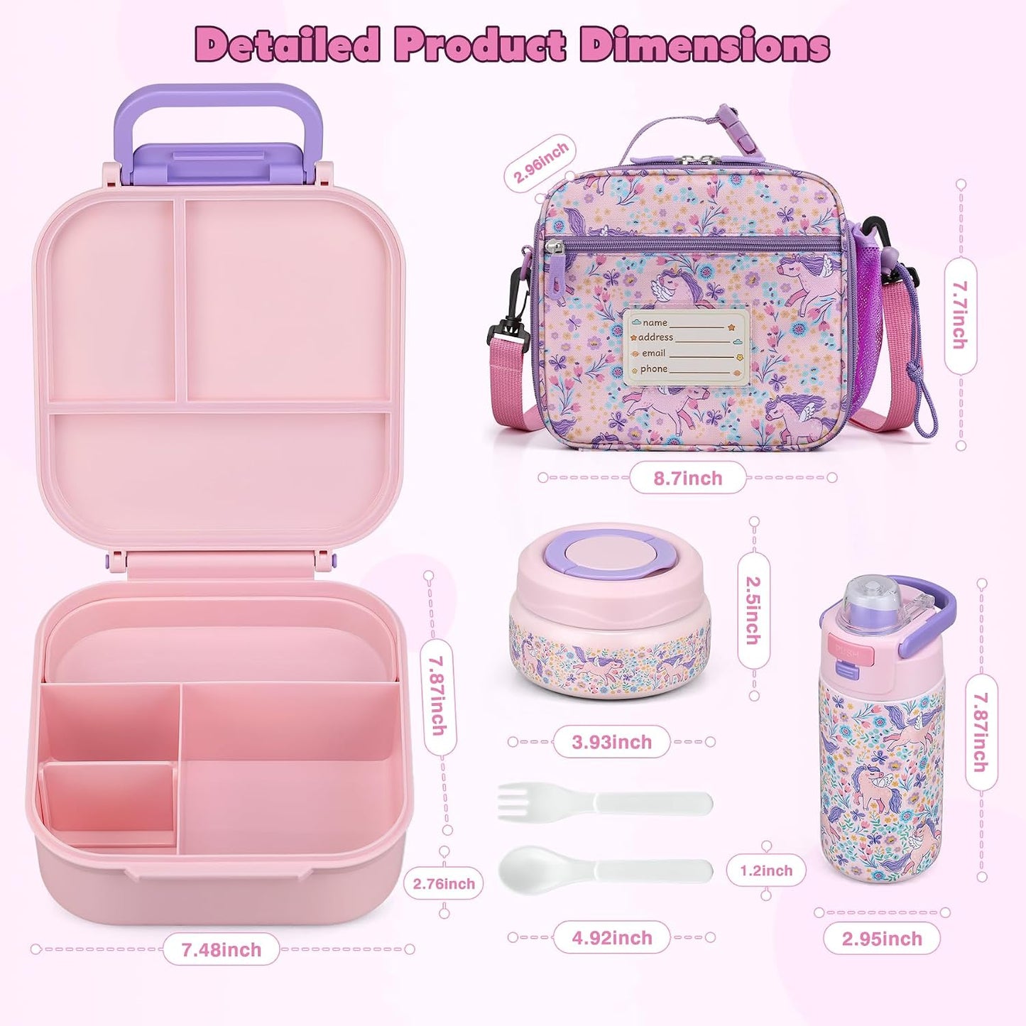 Bento Lunch Box for Kids with 7oz Soup Thermo,Insulated Stainless Steel Kids Water Bottle with Straw and Insulated Lunch Bag,Leak-Proof Lunch Food Container with Ice Pack for School (Purple-Mermaid)