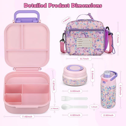 Bento Lunch Box for Kids with 7oz Soup Thermo,Insulated Stainless Steel Kids Water Bottle with Straw and Insulated Lunch Bag,Leak-Proof Lunch Food Container with Ice Pack for School (Purple-Mermaid)