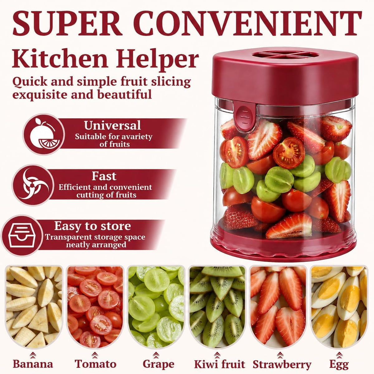 Hendiy Fruit Slicer Cup, Strawberry Slicer Cutter Tool, Grape Slicer Cutter, Multifunctional Fruit Chopper Cup & Cup Slicer for Strawberry, Grape, Cherry Tomato, Kitchen Gadget for Salad (Red)