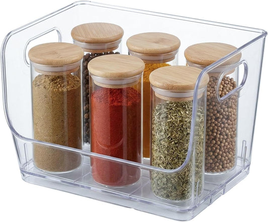 Basicwise 9-Inch Open-Front Clear Storage Bin with Easy-Grip Handle Stackable Transparent Plastic Organizer Container for Pantry Cabinet Refrigerator Drawers Closets and Shelf Organization, Medium